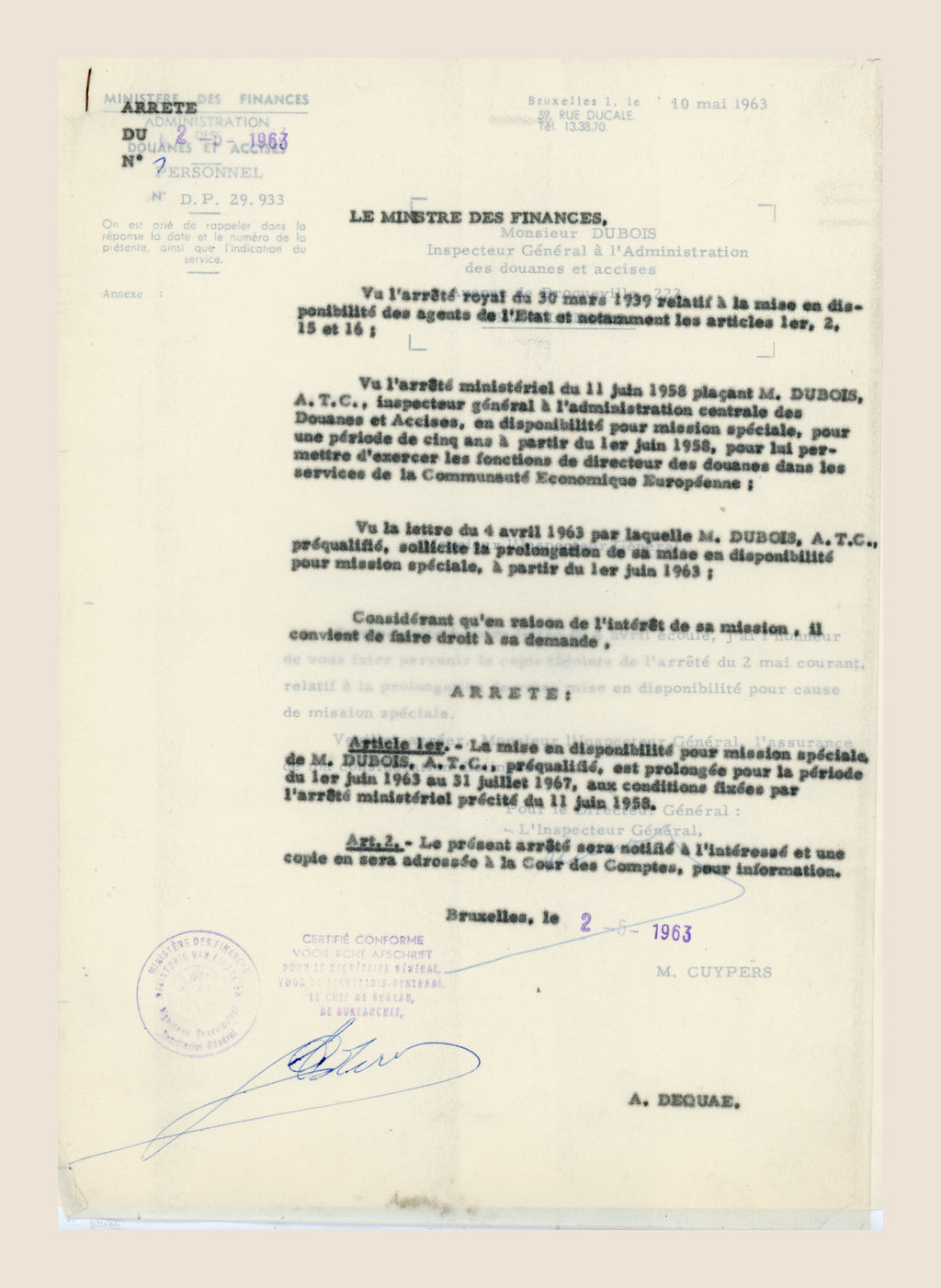 1963 Belgian Ministry of Finance certified decree extending Alexis Dubois special mission leave from June 1963 to July 1967