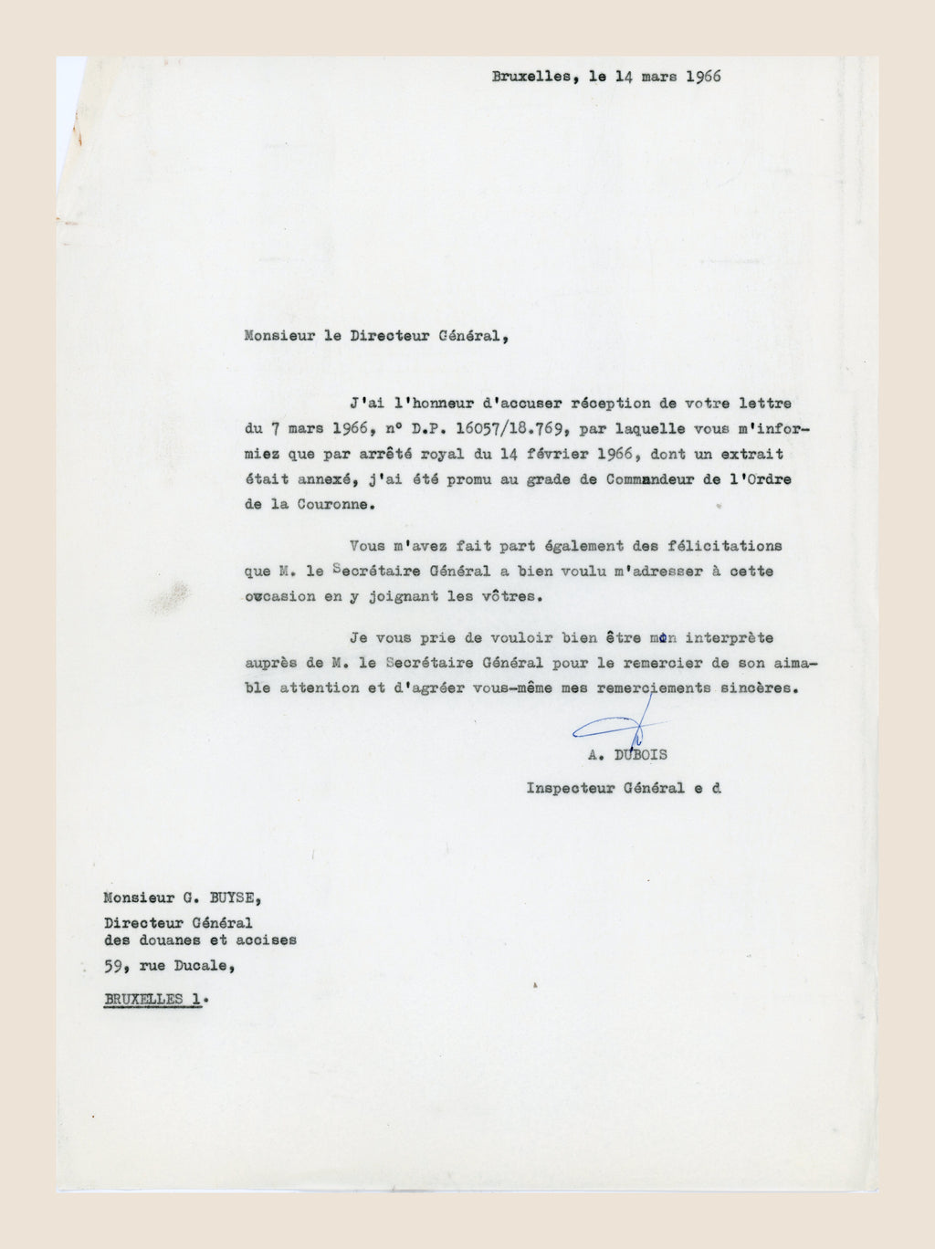 1. Signed 14 March 1966 letter from Alexis Dubois thanking G. Buyse for his Order of the Crown promotion