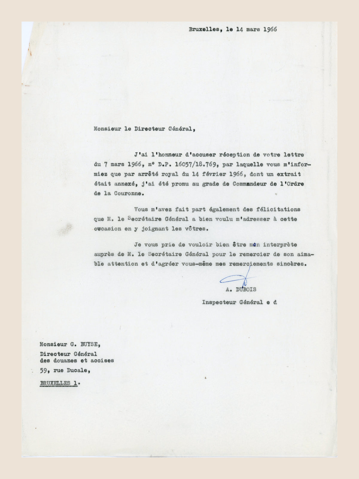 1. Signed 14 March 1966 letter from Alexis Dubois thanking G. Buyse for his Order of the Crown promotion