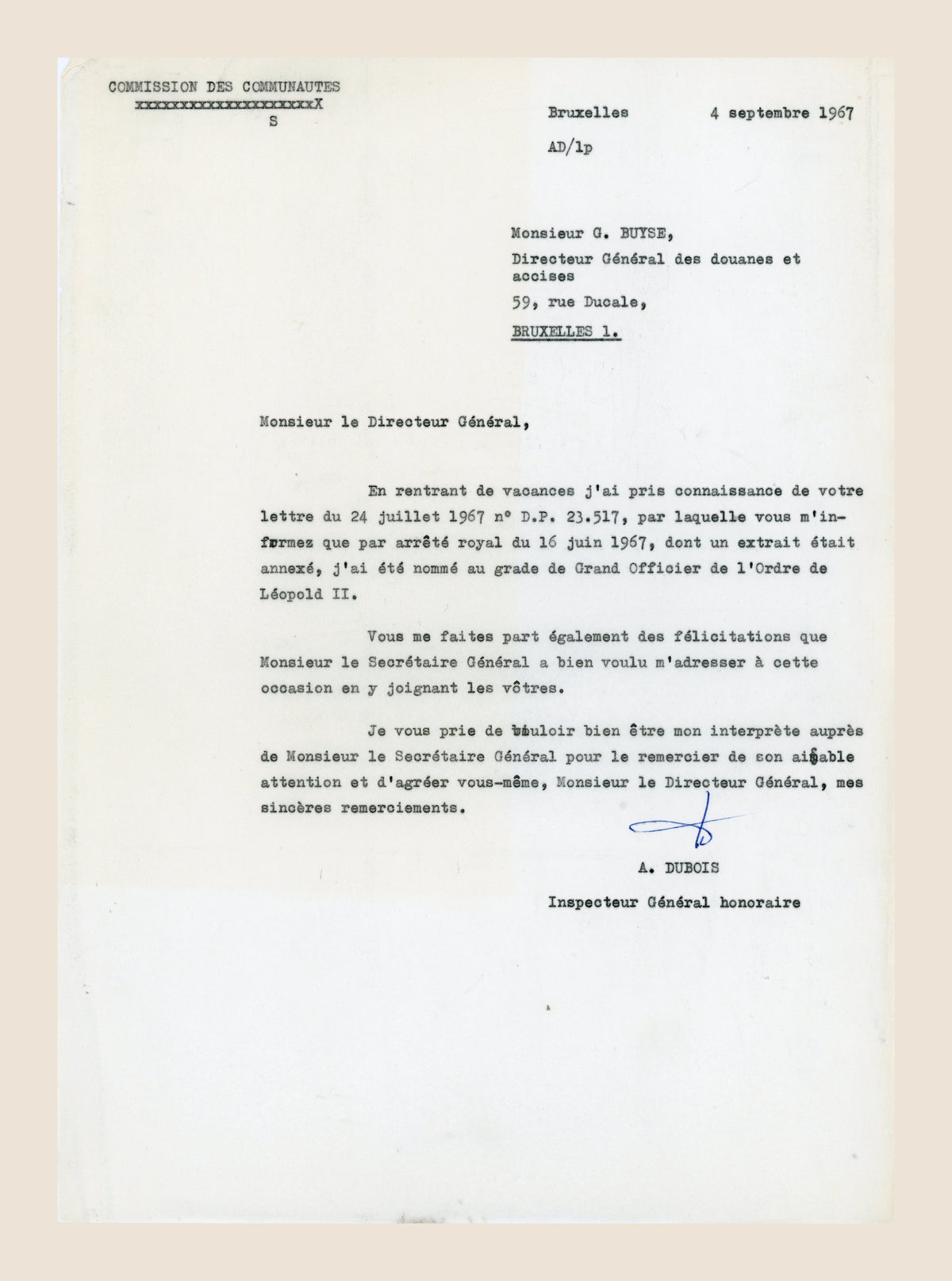 1. Signed 1967 letter by Alexis Dubois acknowledging his appointment as Grand Officer of the Order of Leopold II