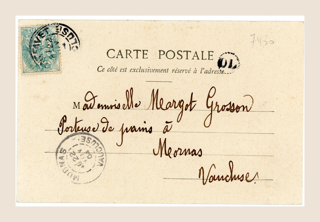 Reverse of an original Bergeret postcard with green 5 centimes French postage stamp, postal cancellations and handwritten address to Meomas, Vaucluse.