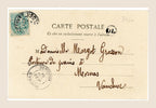 Reverse of an original Bergeret postcard with green 5 centimes French postage stamp, postal cancellations and handwritten address to Meomas, Vaucluse.