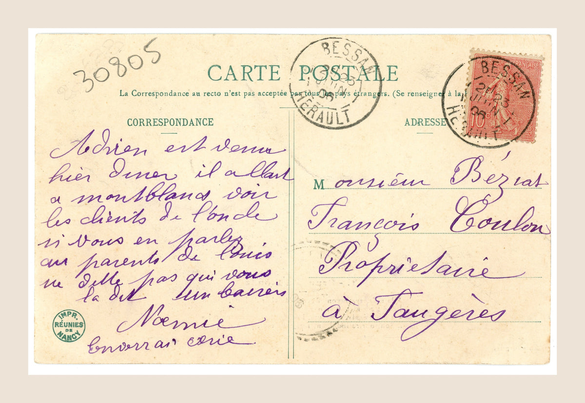 Reverse of French Bergeret postcard number 2 with handwritten violet ink message, 10 centimes Semeuse stamp and Bessan Hérault postal cancellation.