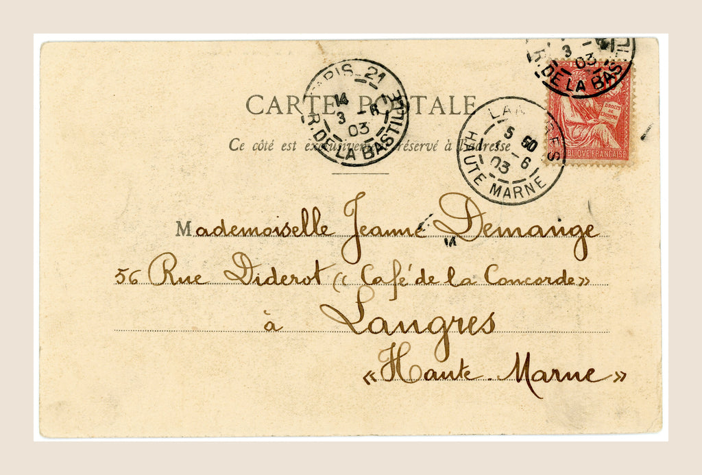 Reverse of 1903 Bergeret Summer postcard with red French 10 centimes stamp, postal cancellations and handwritten address to Jeanne Demange in Langres.