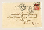 Reverse of 1903 Bergeret Summer postcard with red French 10 centimes stamp, postal cancellations and handwritten address to Jeanne Demange in Langres.