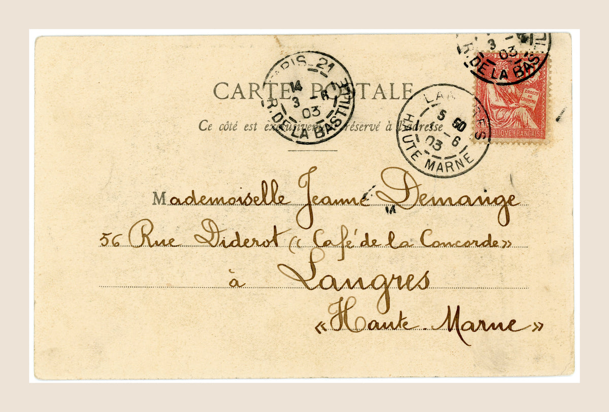 Reverse of 1903 Bergeret Summer postcard with red French 10 centimes stamp, postal cancellations and handwritten address to Jeanne Demange in Langres.