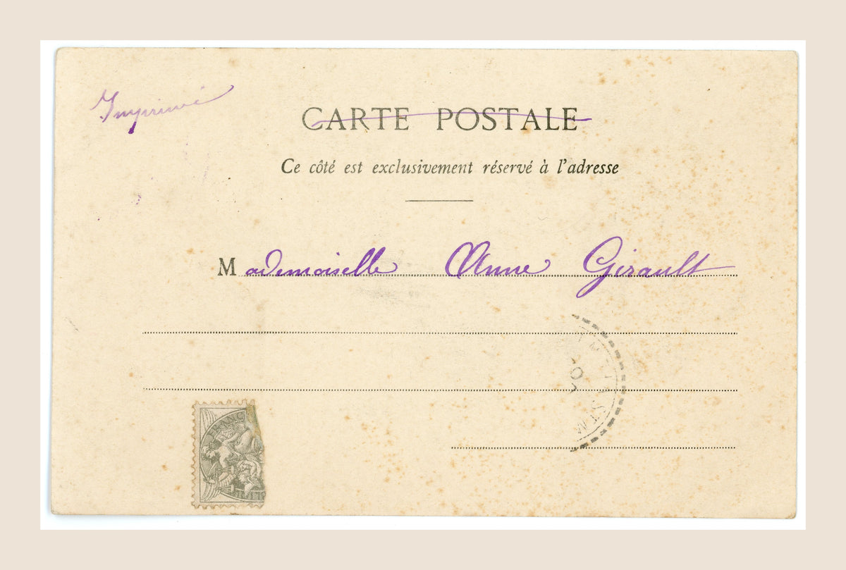 Reverse of antique Bergeret Sight postcard with violet handwritten address, aged paper, foxing and original French postage stamp.