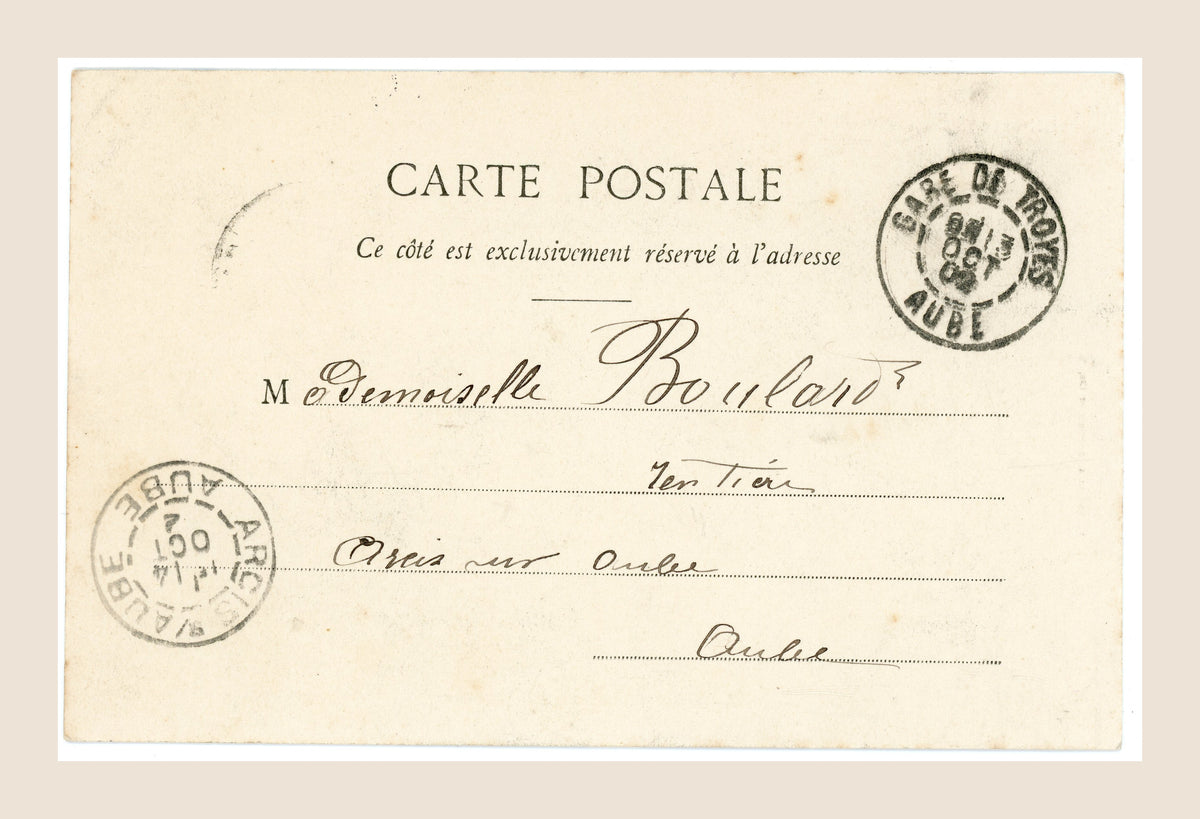 Reverse of Bergeret Liberté antique postcard showing handwritten French address, original paper and Troyes Aube October 1902 postmark.