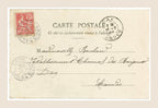 Reverse of antique French Bergeret postcard number 2 with red 10 centimes postage stamp, handwritten address and Dax Landes 1904 postmark.