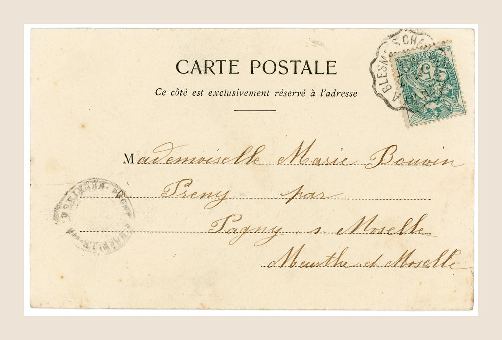Reverse of antique Bergeret La Protection postcard featuring handwritten French address to Marie Bonnin, green postage stamp and period postal markings