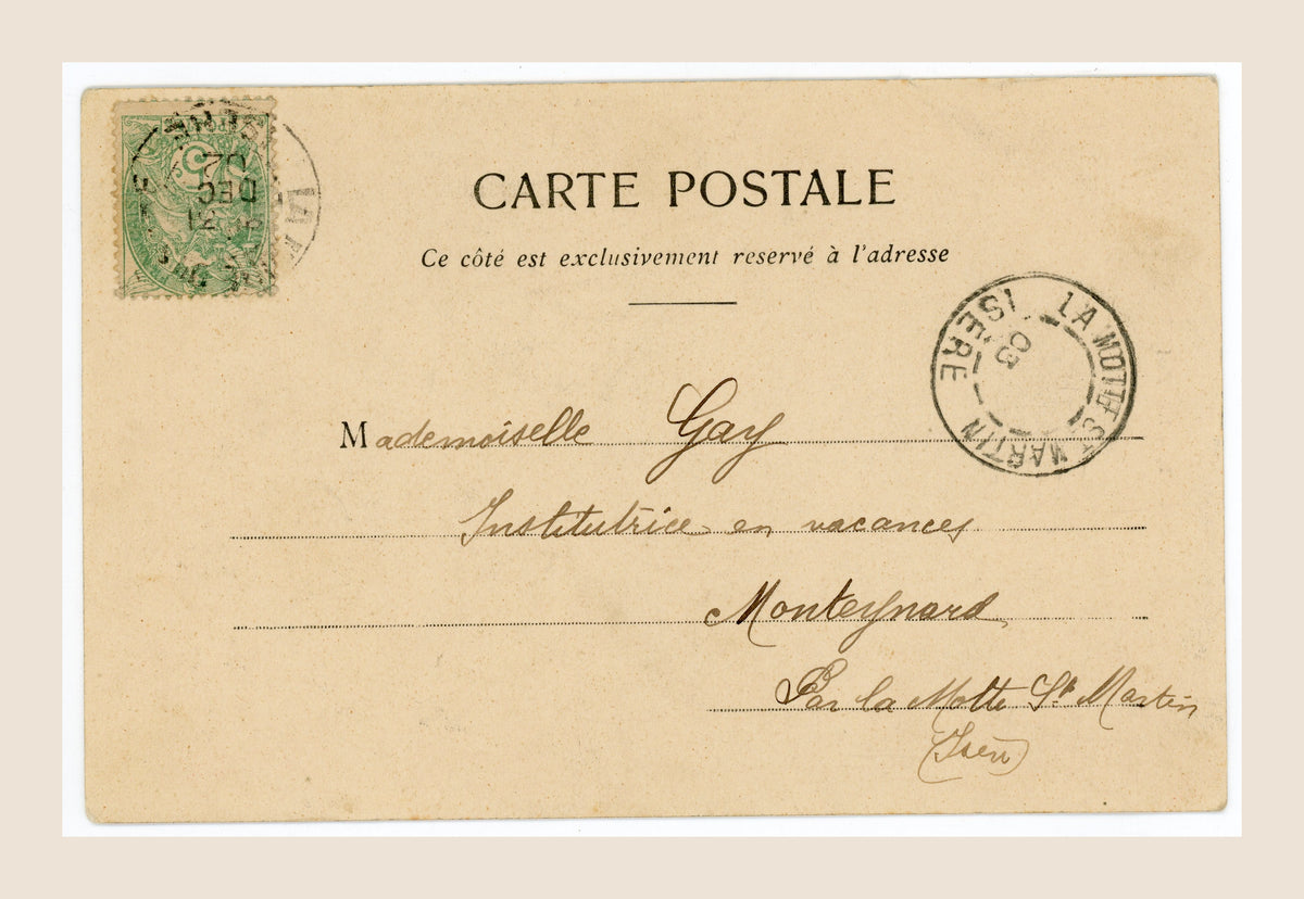 Reverse of antique Bergeret La Foi French postcard featuring handwritten address to Montélimar, green 5-centime postage stamp and period postmark.