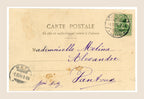 Back of Bergeret postcard No. 2 with antique German 5 pfennig postage stamp, Falkenberg postal cancellation and purple handwritten address to Melina Alexandre.