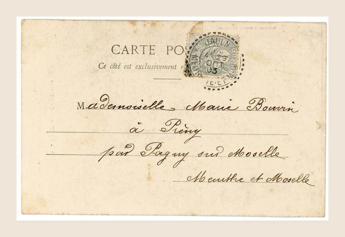 Reverse of antique French railway postcard No. 2, addressed to Marie Bourri in Préry, Moselle, with original postage stamp.
