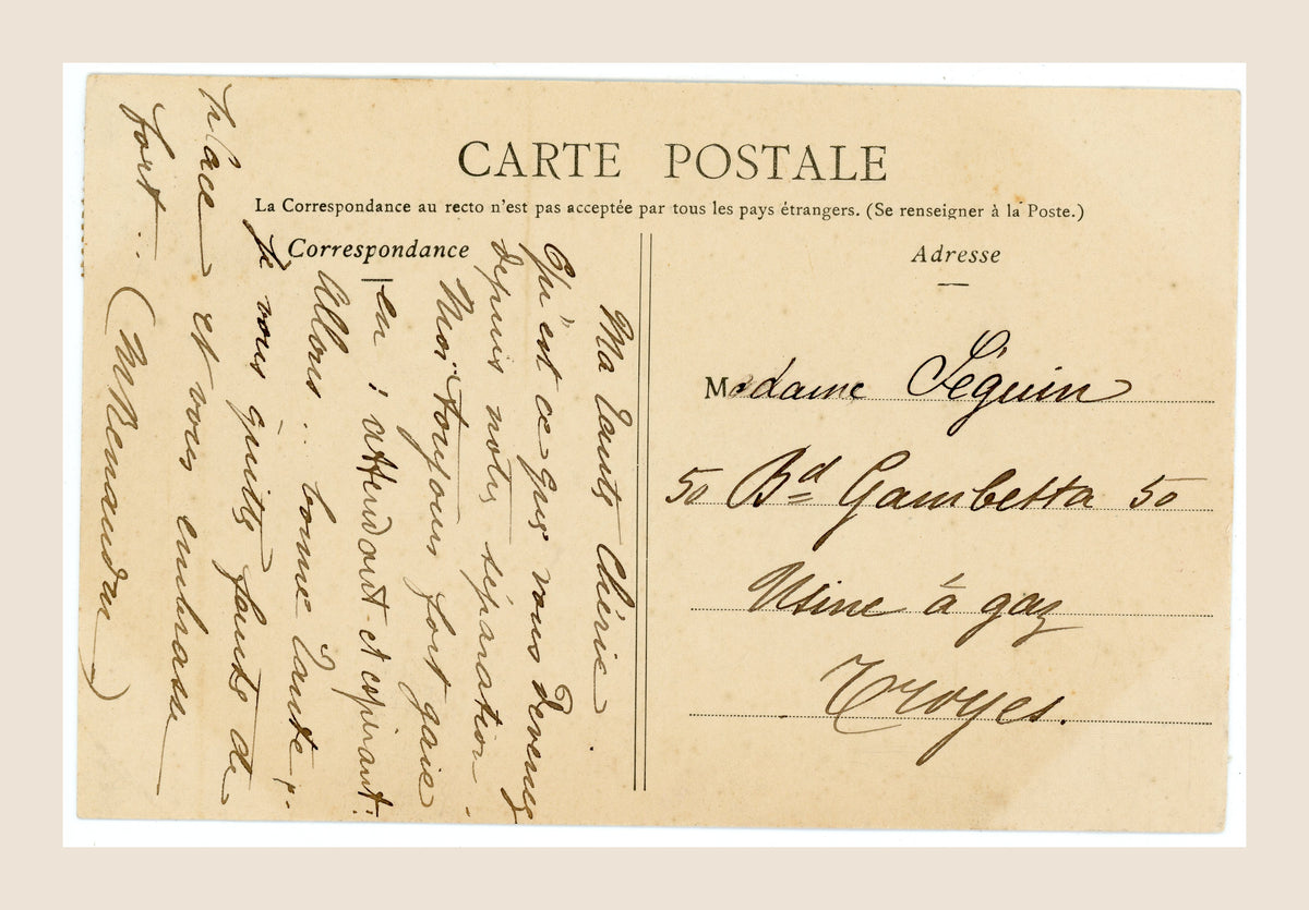 Back of antique French Bergeret postcard with handwritten correspondence and address, illustrating early 1900s French postal history.
