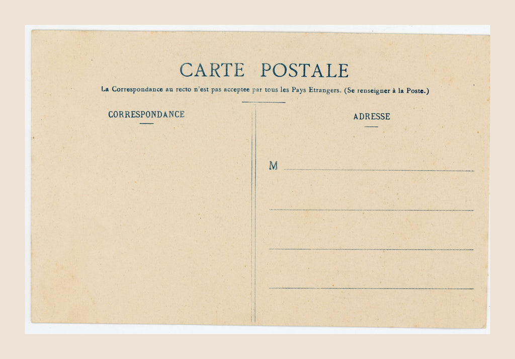 Unused reverse of antique French Bergeret postcard La Foi, featuring original blue printed postal layout and blank address lines, circa 1905.