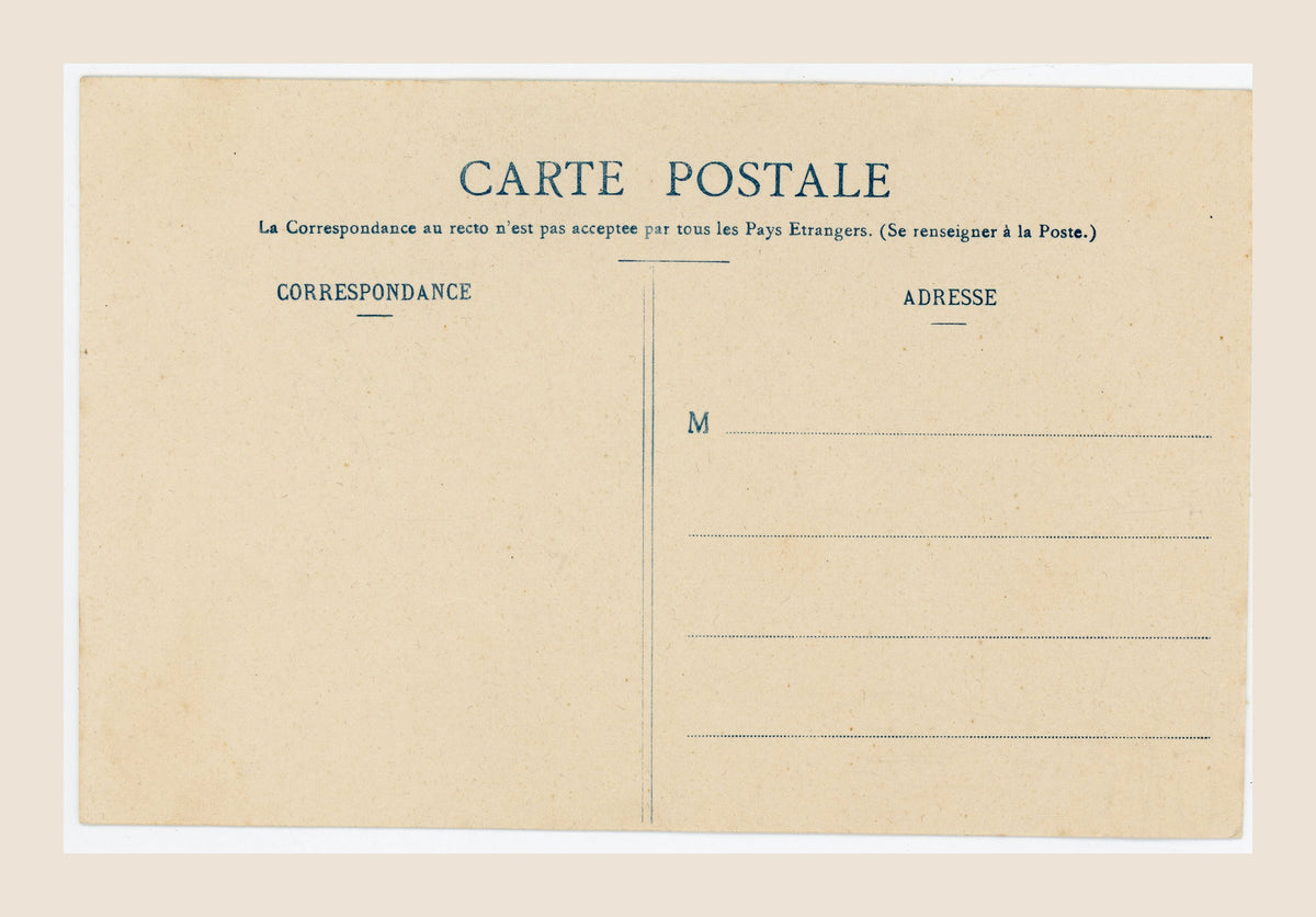 Unused reverse of antique French Bergeret postcard La Foi, featuring original blue printed postal layout and blank address lines, circa 1905.