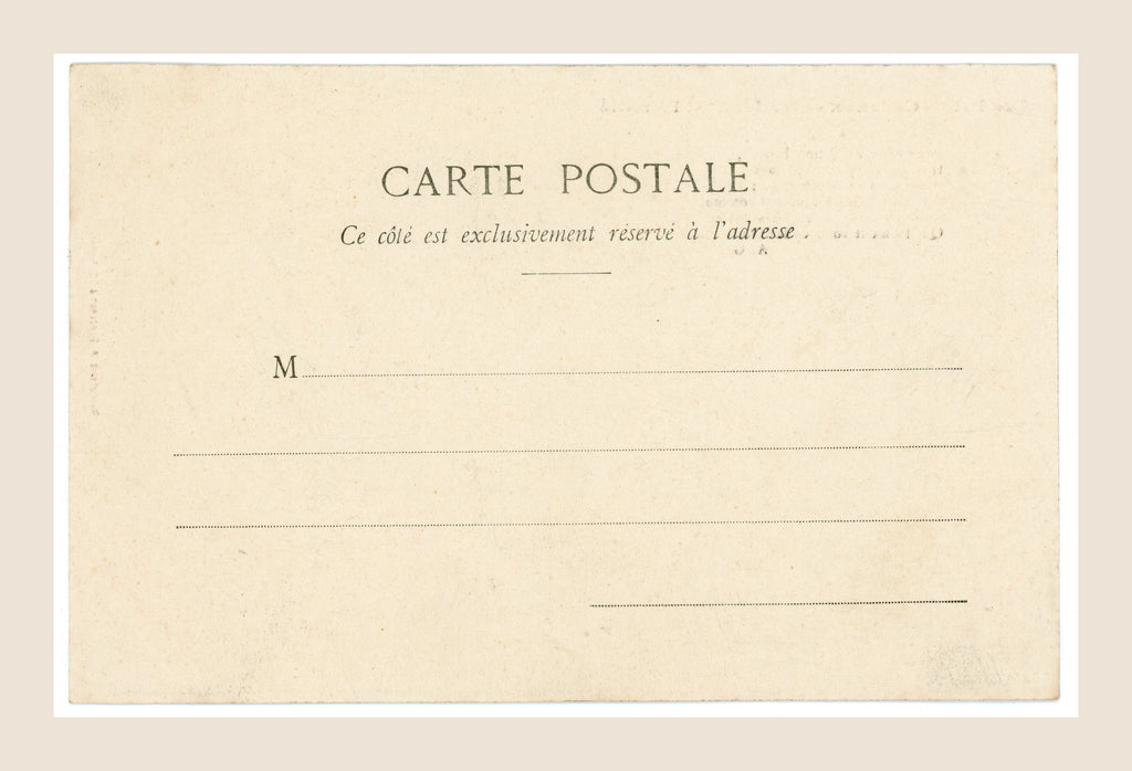 Unused reverse of an antique French Bergeret postcard with original printed address lines, aged paper and subtle marks from the early 20th century.