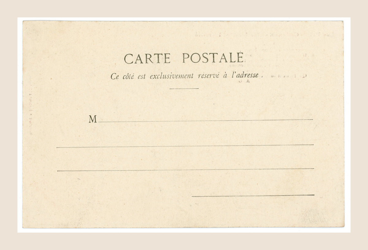 Unused reverse of an antique French Bergeret postcard with original printed address lines, aged paper and subtle marks from the early 20th century.