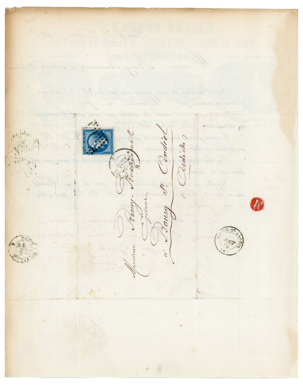 Reverse of 1862 Maison Groult commercial document with postal markings