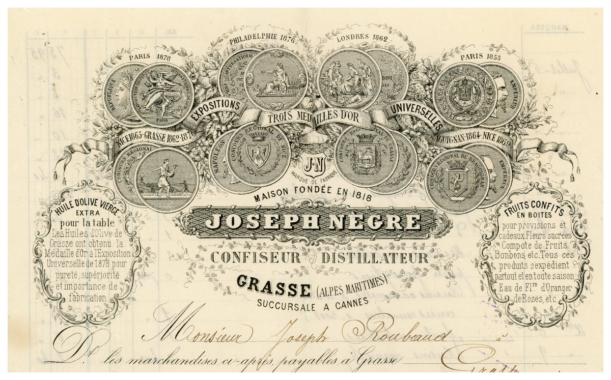 Ornate Joseph Nègre confectionery letterhead with exhibition medals, Grasse 1883