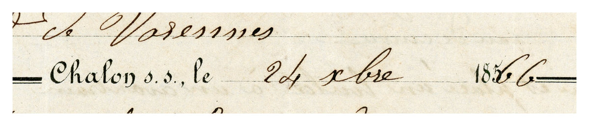 Close-up of handwritten entries on 1866 French saddlery account