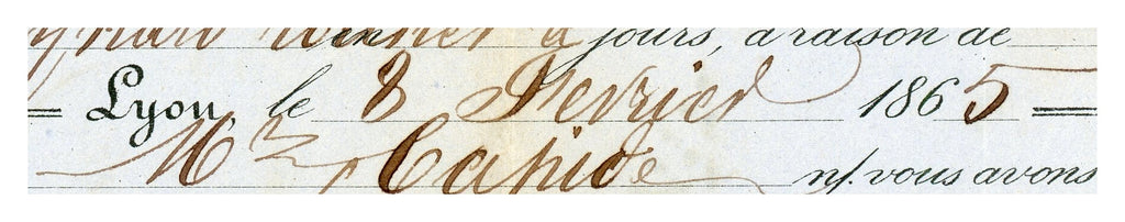 Close-up of handwritten entries on 1865 French candle manufacturer invoice