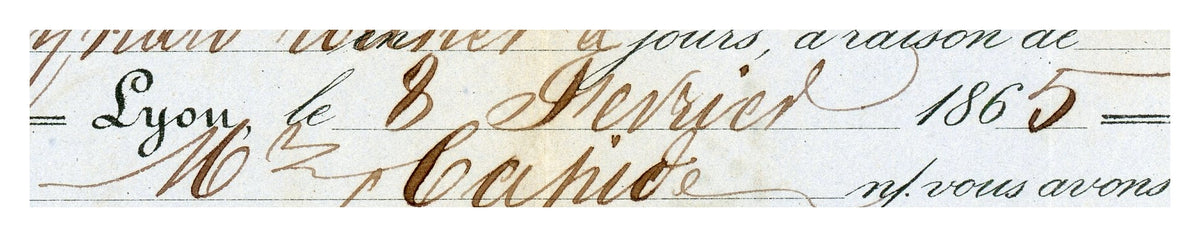 Close-up of handwritten entries on 1865 French candle manufacturer invoice