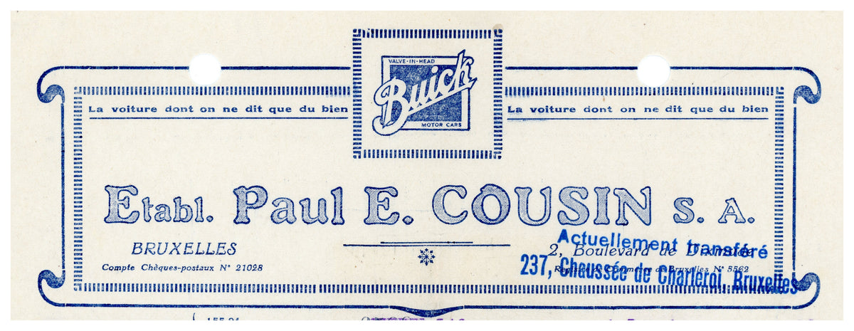 1930 Buick Brussels Invoice & Envelope – Madame de Selys-Longchamps