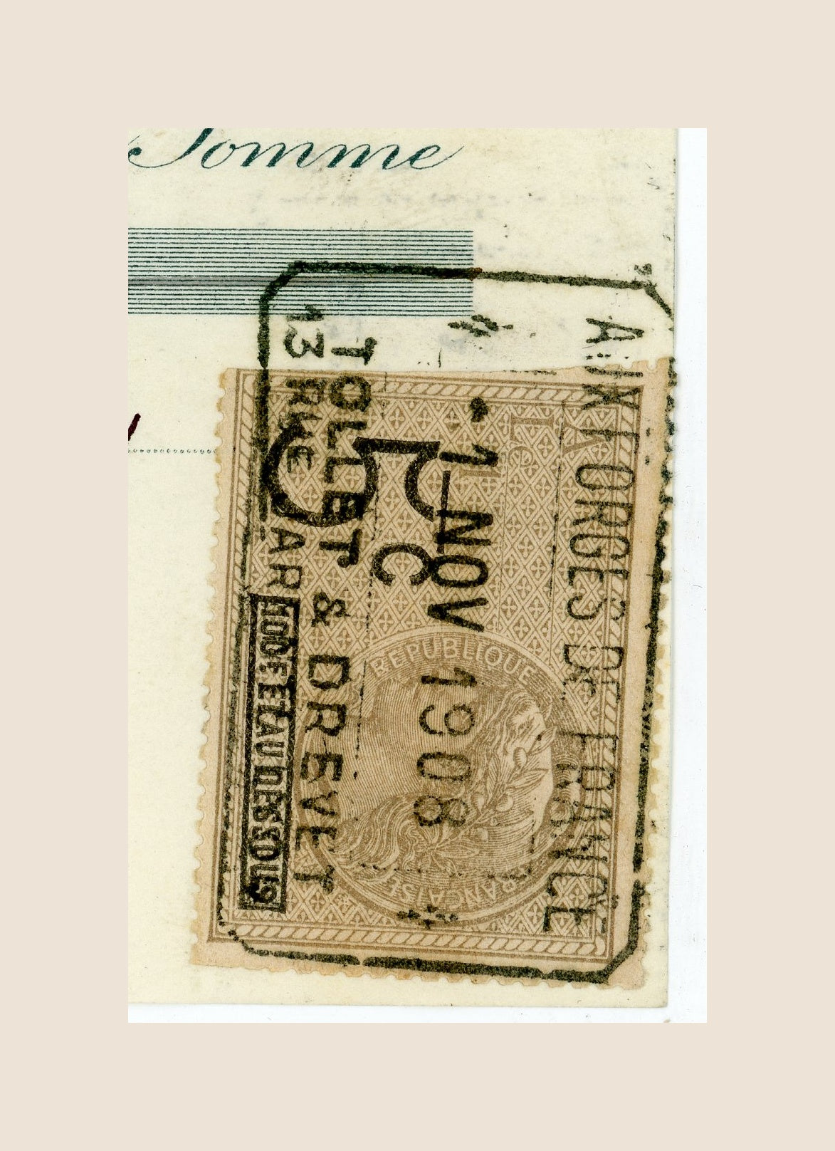 French fiscal stamp dated 1908 on Tollet & Drevet bill of exchange from Lyon