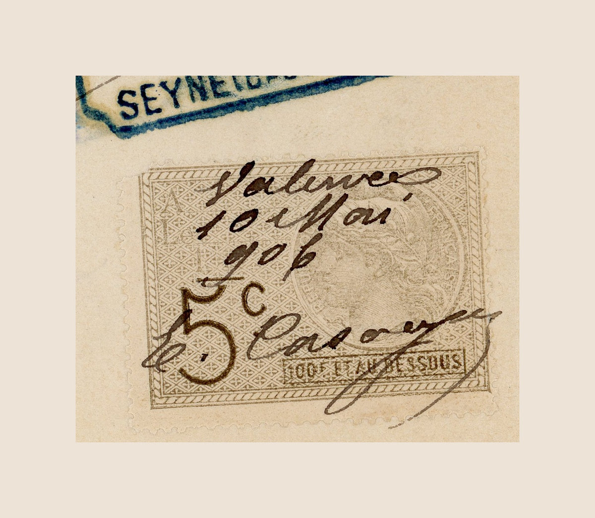 Original 5-centime French fiscal stamp with handwritten cancellation on 1906 bill of exchange
