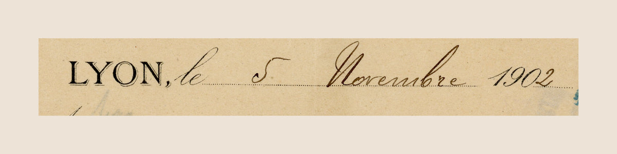Close-up of handwritten date 5 November 1902 on an antique French bill of exchange from Lyon