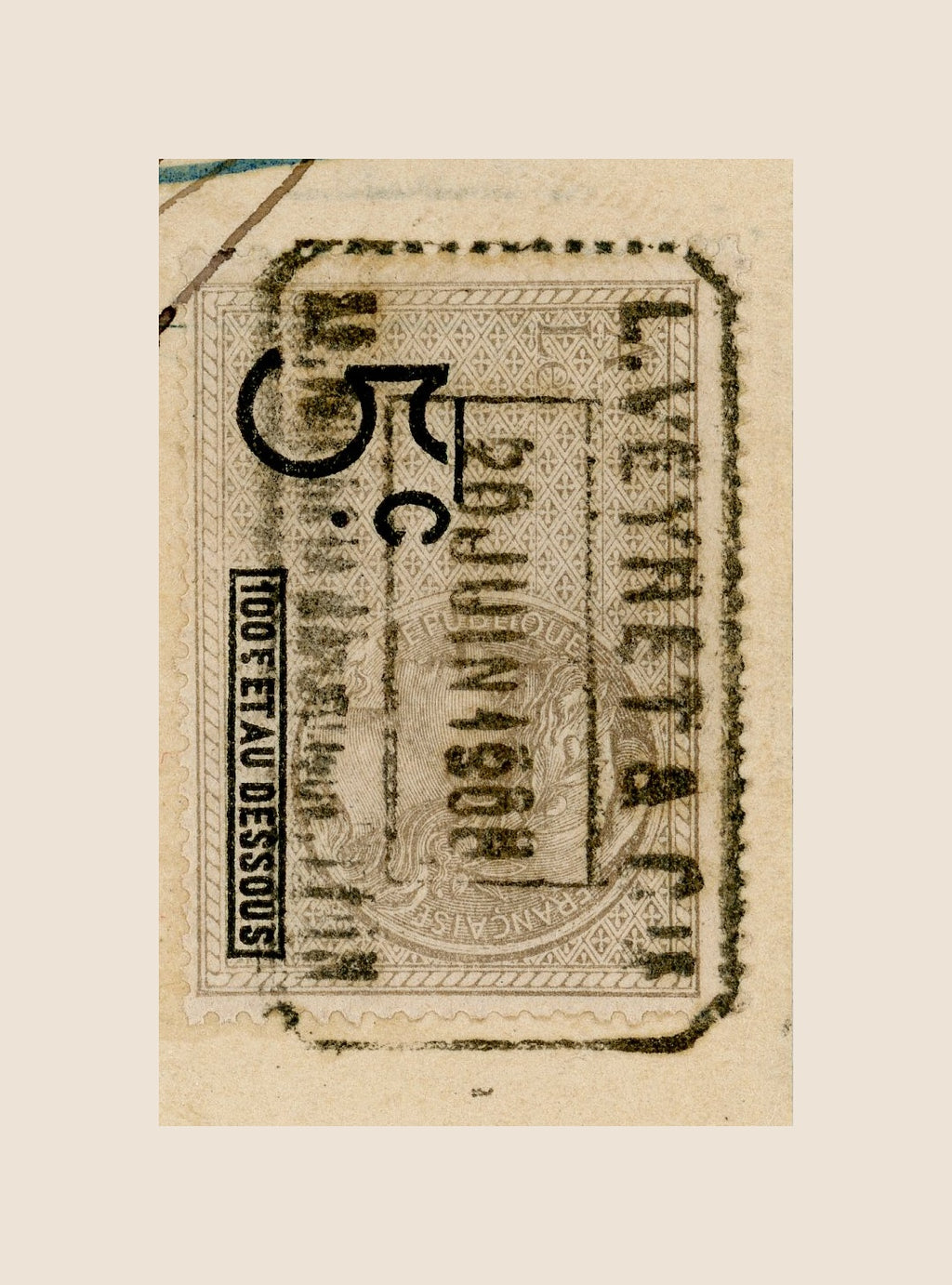 Close-up of original 5-centime French fiscal stamp on a 1908 bill of exchange