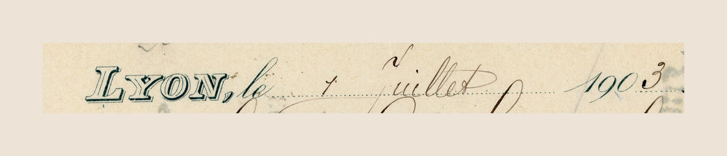 Close-up showing Lyon date 1 July 1903 on antique French bill of exchange