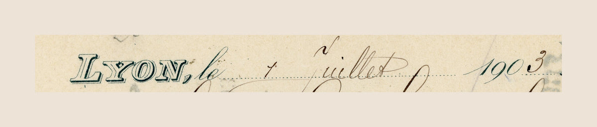 Close-up showing Lyon date 1 July 1903 on antique French bill of exchange