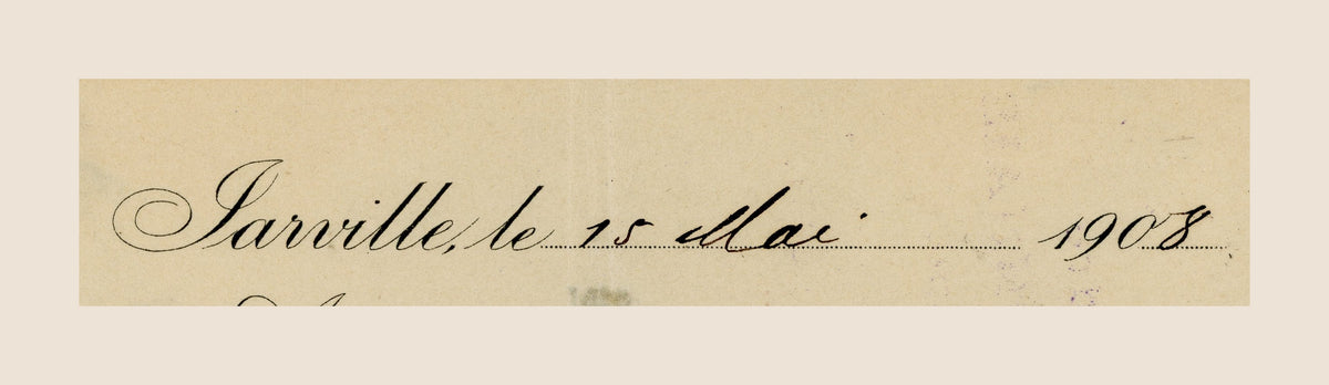 Detail showing handwritten date 15 May 1908 on antique French bill of exchange from Jarville-Nancy