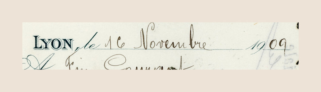 Handwritten Lyon 16 November 1909 date detail on antique French bill of exchange