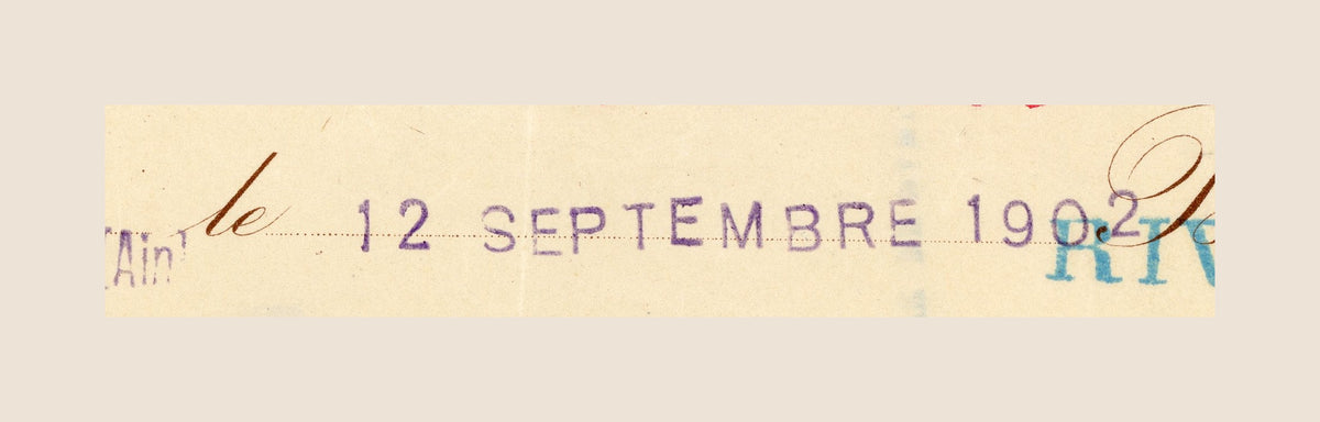 Close-up of date on antique French bill of exchange, dated 12 September 1902