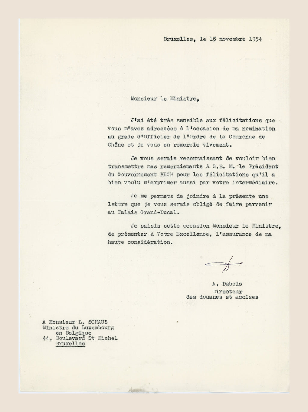 Signed letter from Alexis Dubois thanking Luxembourg officials for his appointment as Officer of the Order of the Oak Crown, November 1954