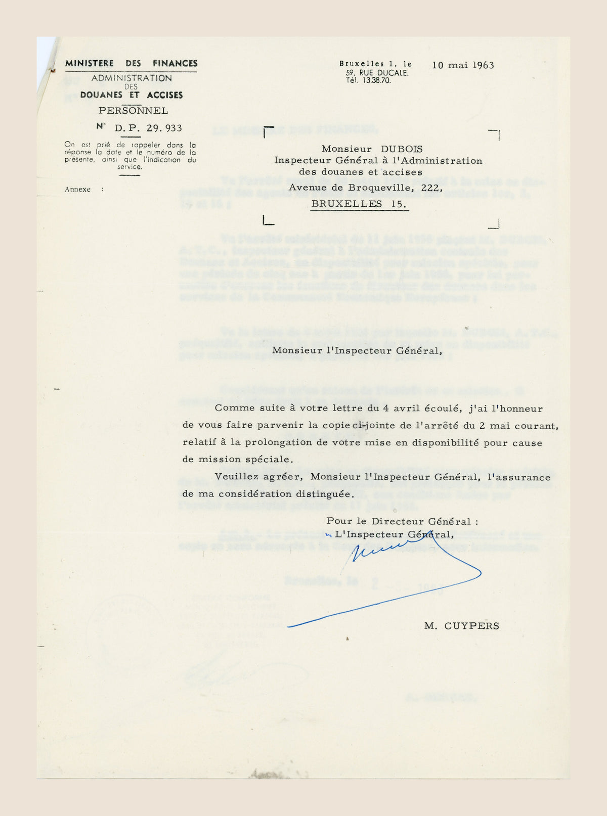 1963 Belgian Ministry of Finance letter to Alexis Dubois enclosing the decree extending his special mission leave