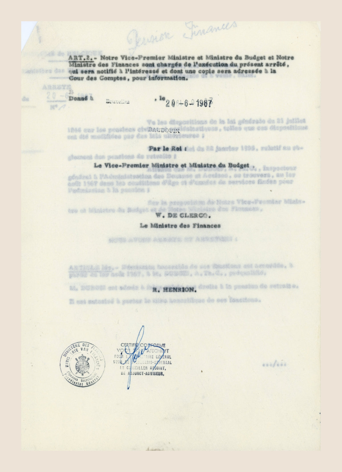 Second page of the 1967 Belgian Royal Decree concerning Alexis Dubois retirement and honorary title