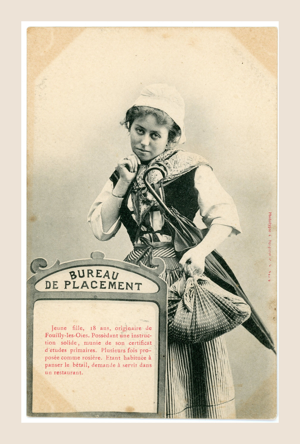 Albert Bergeret Bureau de Placement antique French postcard showing a young woman in traditional dress carrying a basket and umbrella, circa 1903.