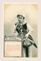 Albert Bergeret Bureau de Placement antique French postcard showing a young woman in traditional dress carrying a basket and umbrella, circa 1903.