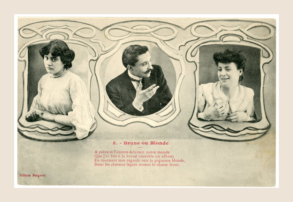 Antique Brune ou Blonde postcard number 3 by Bergeret, depicting a Belle Époque gentleman turning his attention towards a blonde woman, with French poem.