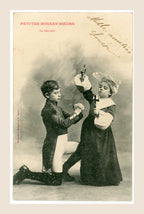 Antique Bergeret Petites Bonnes Sœurs Le Converti photographic postcard depicting a kneeling boy praying before a girl dressed as a nun holding a crucifix.