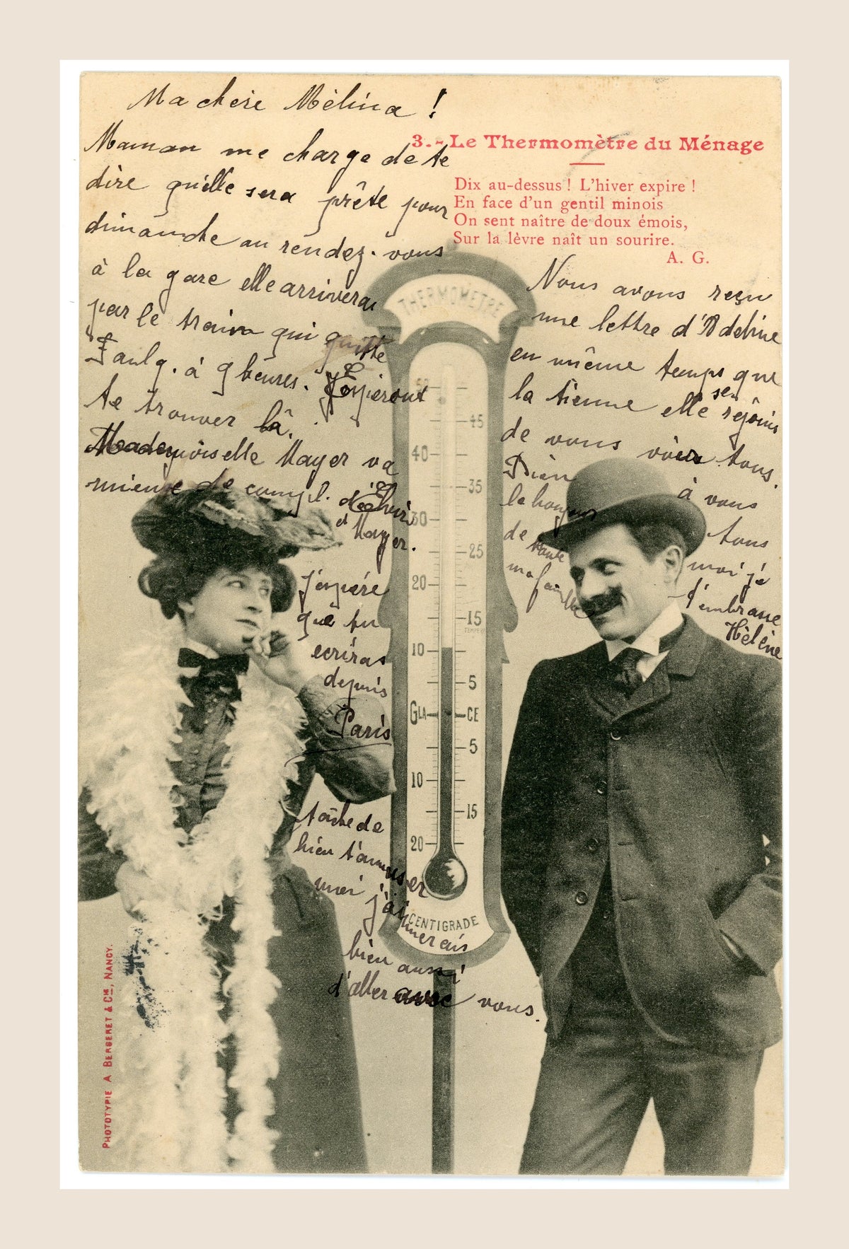 Antique Albert Bergeret postcard Le Thermomètre du Ménage No. 3, smiling Belle Époque gentleman and elegant woman beside a thermometer, with original French handwriting.