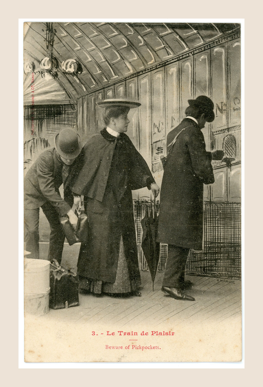 Antique Bergeret postcard Le Train de Plaisir No. 3, humorous Belle Époque railway station scene warning of pickpockets.