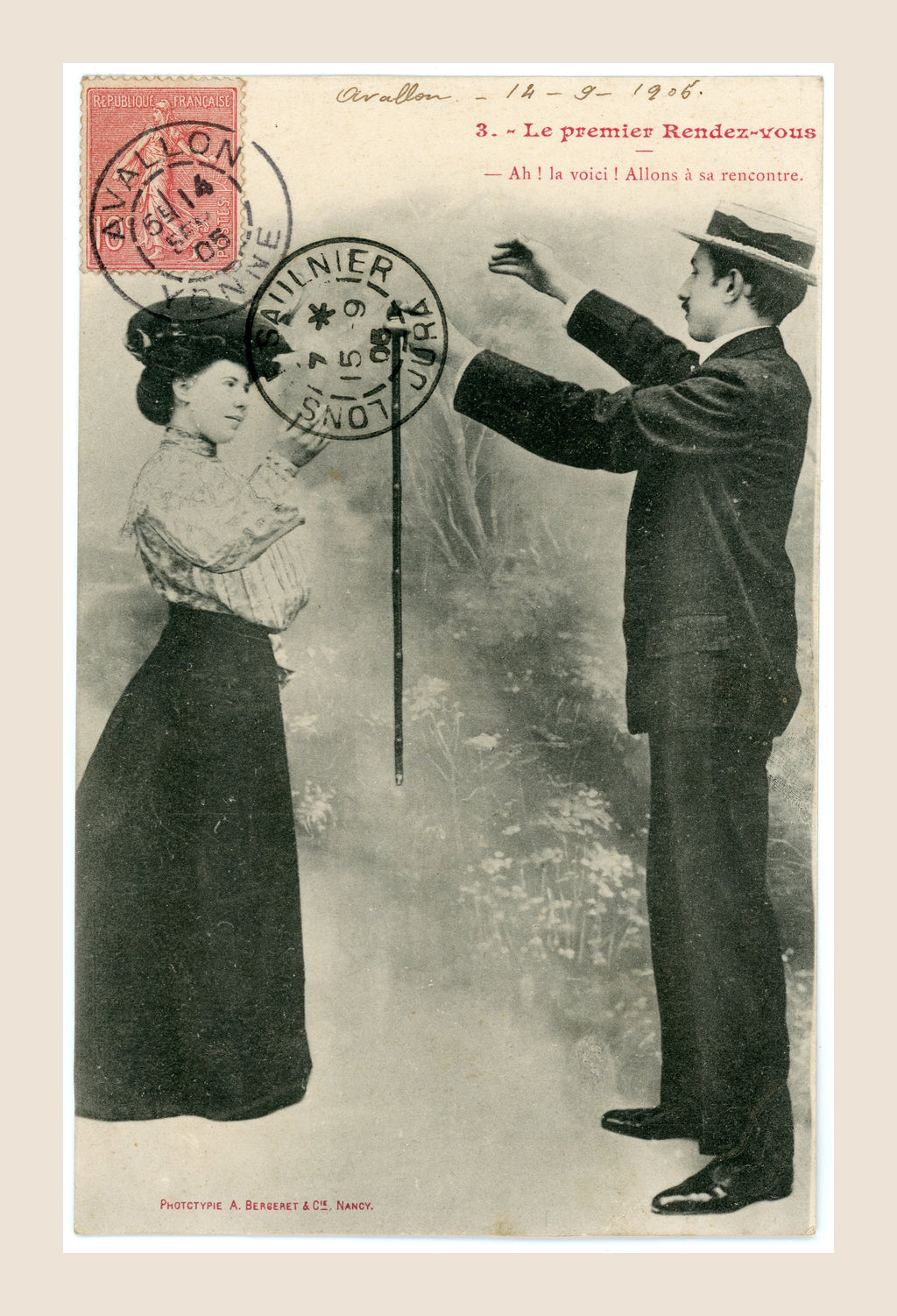 Antique French romantic postcard by A. Bergeret & Cie, Le Premier Rendez-vous No. 3, depicting a Belle Époque gentleman greeting an elegantly dressed young woman, with original 1905 French postage stamp and postal cancellations.