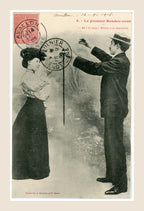Antique French romantic postcard by A. Bergeret & Cie, Le Premier Rendez-vous No. 3, depicting a Belle Époque gentleman greeting an elegantly dressed young woman, with original 1905 French postage stamp and postal cancellations.