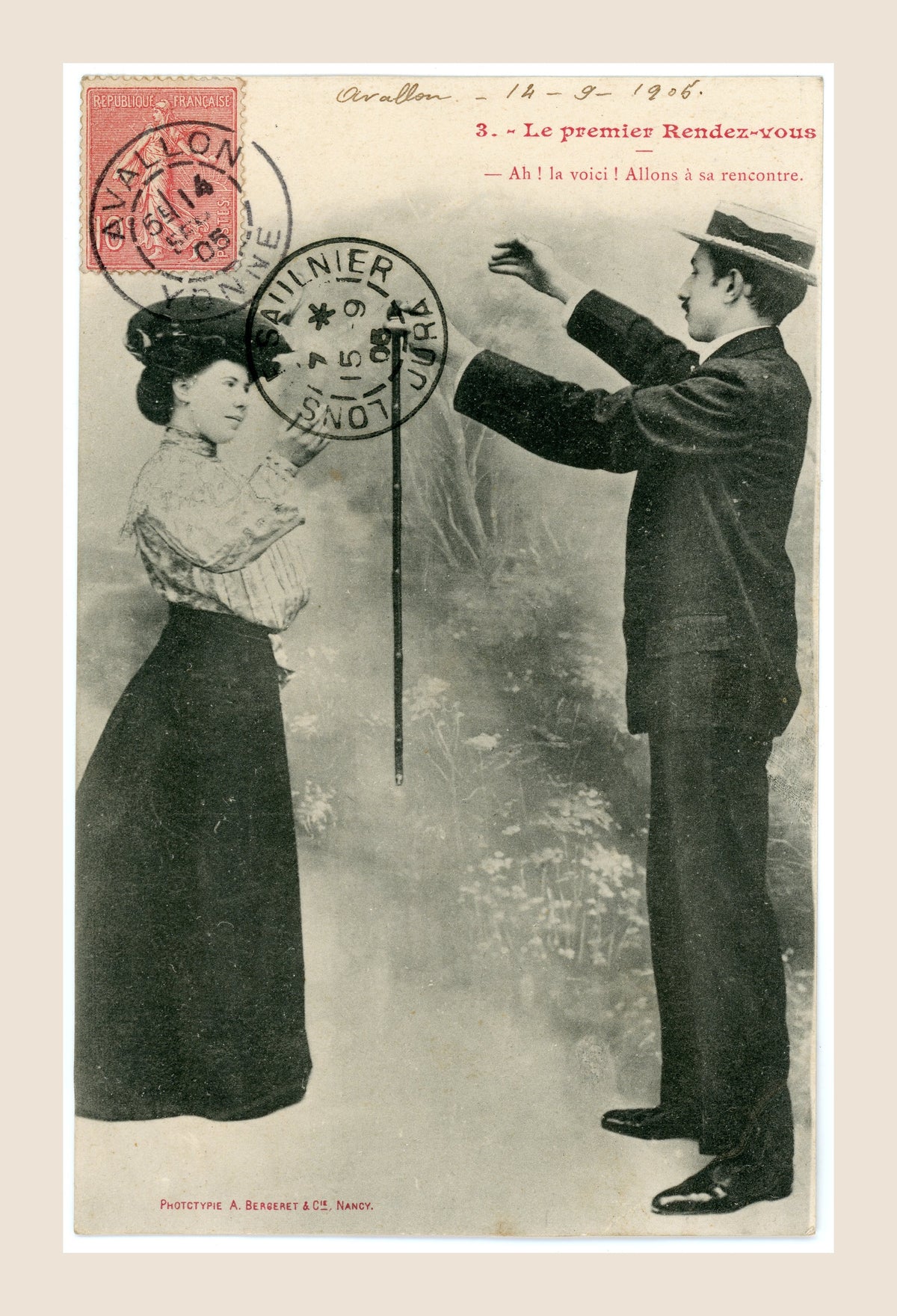 Antique French romantic postcard by A. Bergeret & Cie, Le Premier Rendez-vous No. 3, depicting a Belle Époque gentleman greeting an elegantly dressed young woman, with original 1905 French postage stamp and postal cancellations.