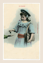 Antique French colorized Bergeret postcard La Charité, Charity, depicting a young girl in a blue dress offering a coin, Belle Époque allegorical photography.